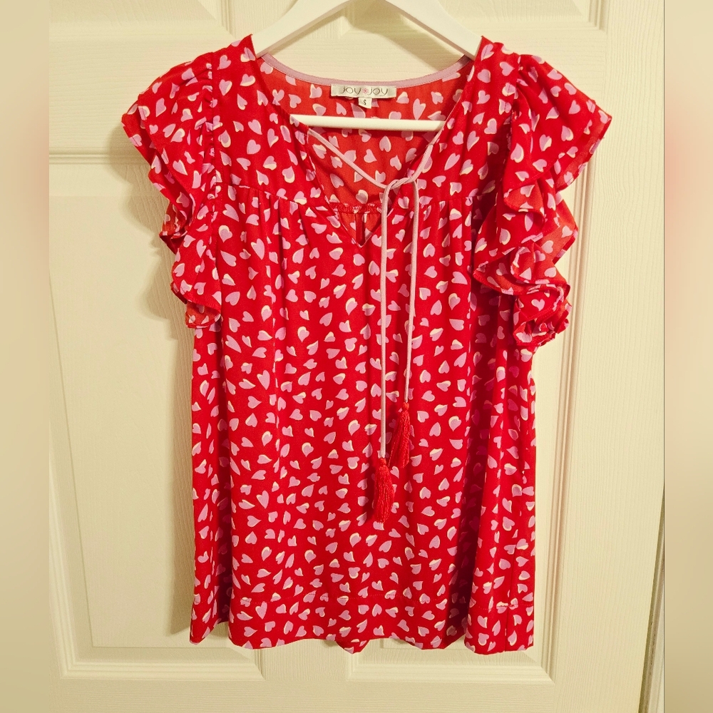 Joy Joy Red and White Heart Print Blouse Size Small